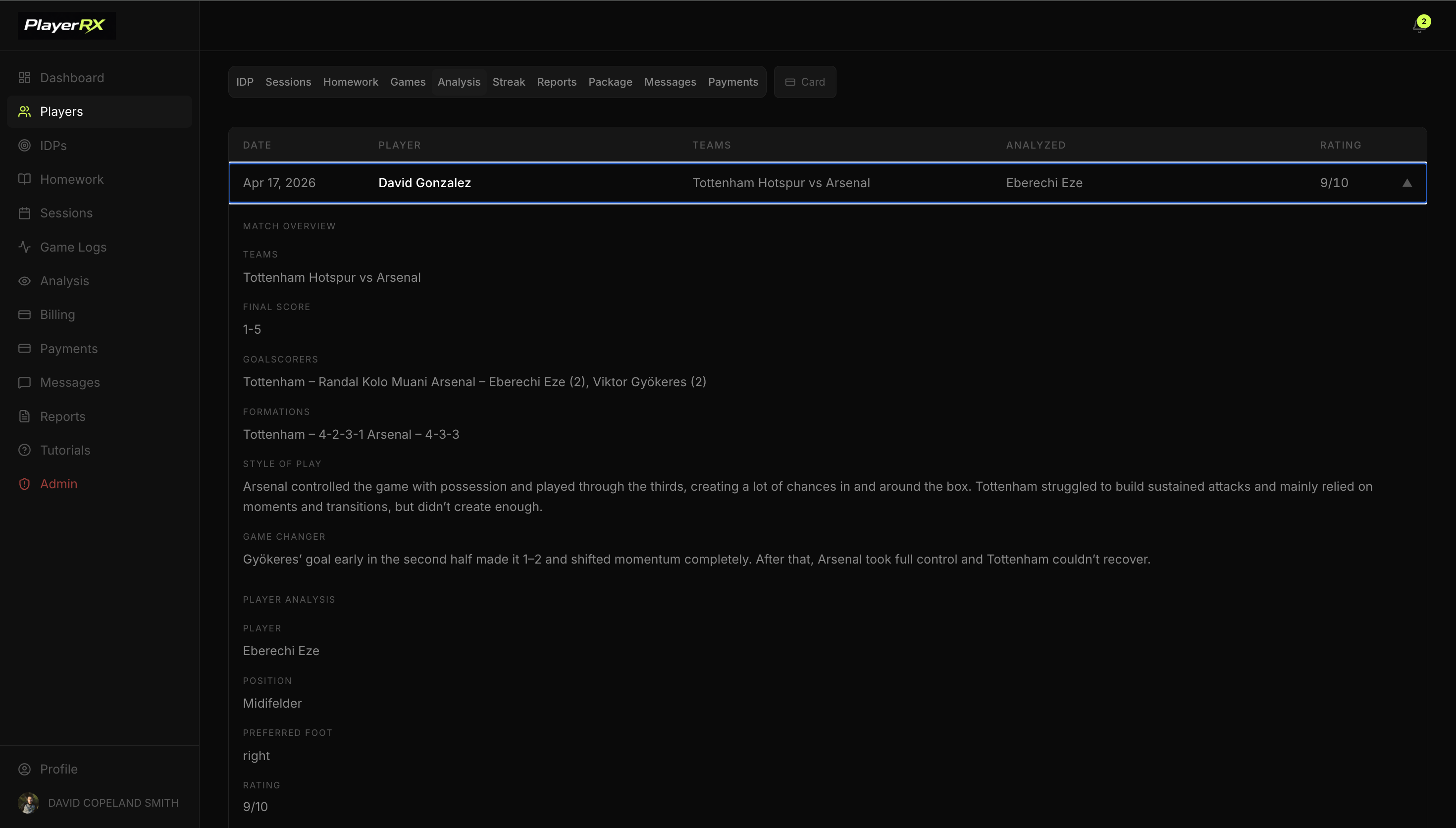 Trainer view showing pro game analysis with player breakdown and shot mapping